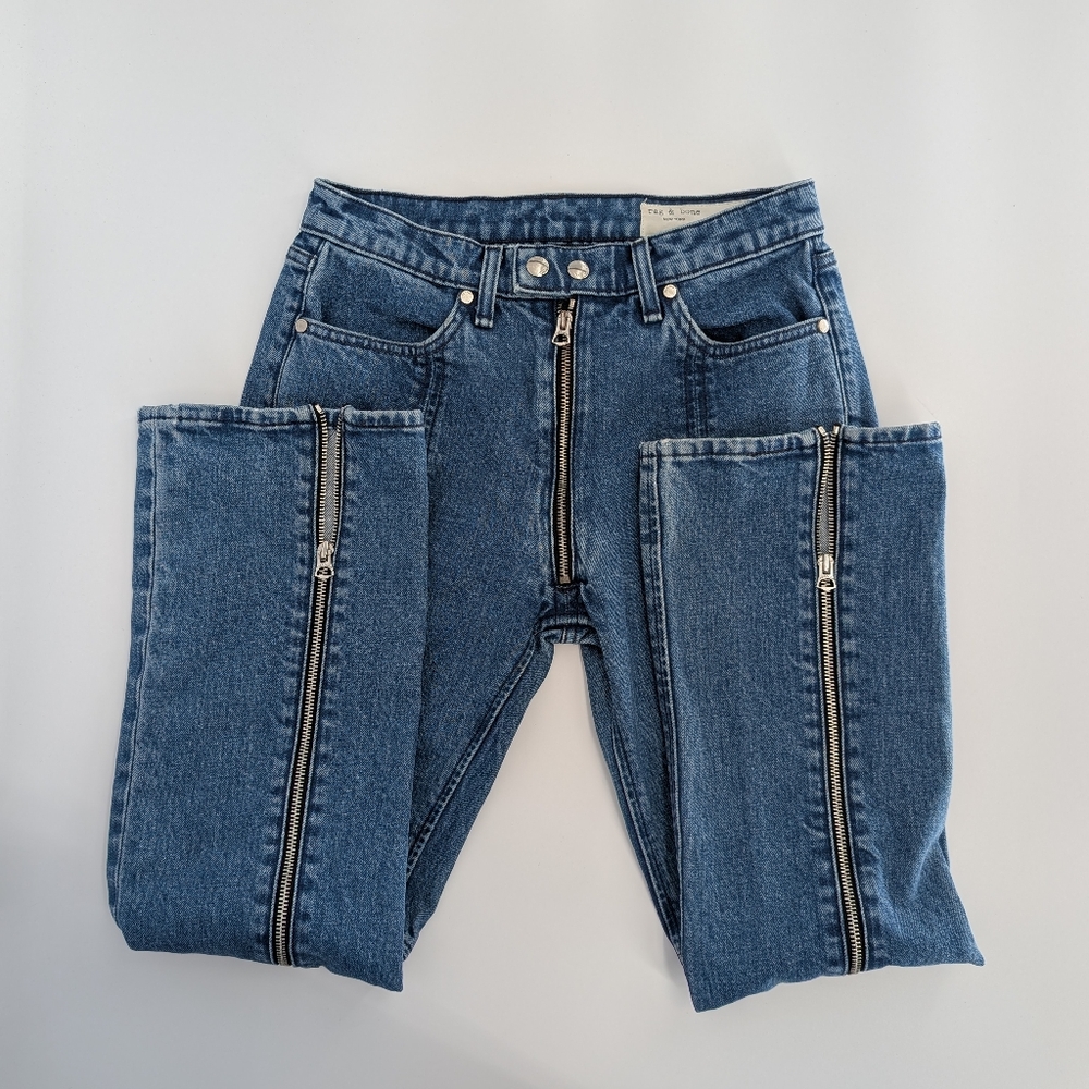 Rag & Bone Women's Moto Zip Cropped Kick Flare Jeans | Size 25 | Blue Bain Denim